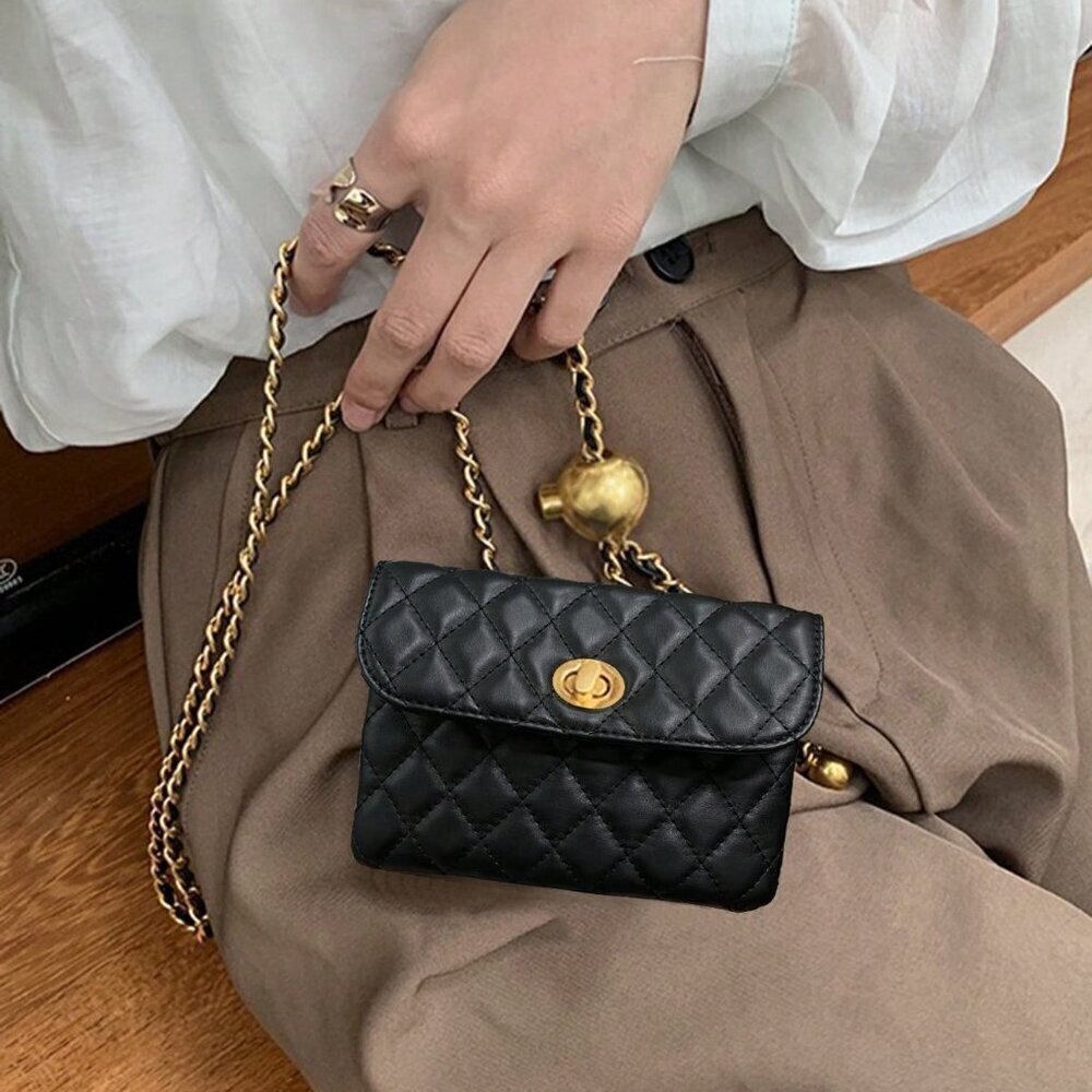 Black Fashionable Women's Rhombic Embroidery Detachable Chain Mini Shoulder Bag
